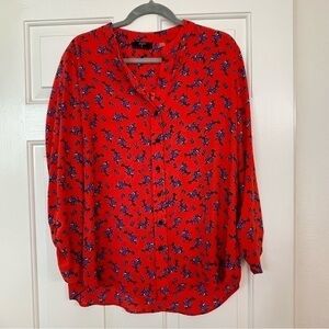 Tahari Red Floral Blue Roses Blouse Size Large